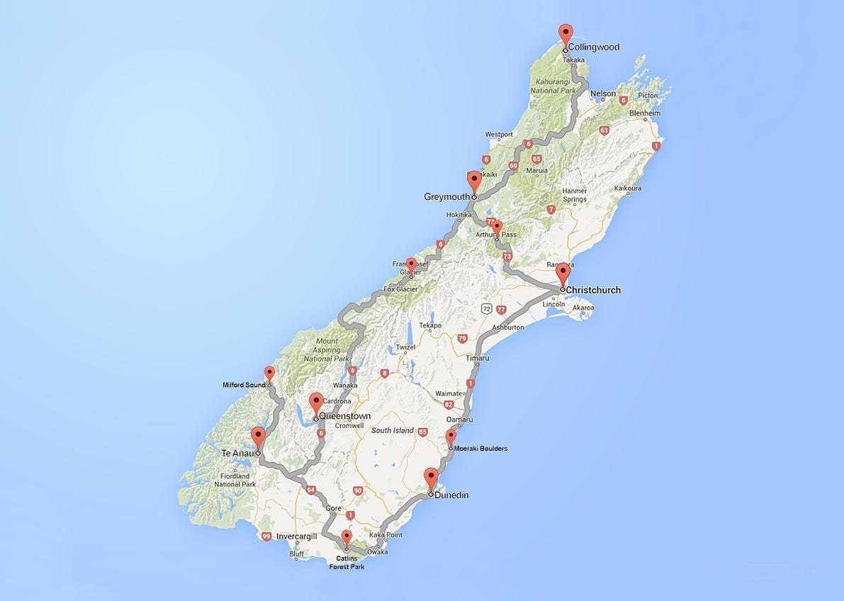 kina ramani ya barabara ya kusini ya kisiwa cha new zealand