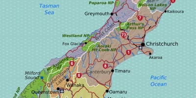 Ramani ya kusini ya kisiwa cha new zealand mikoa